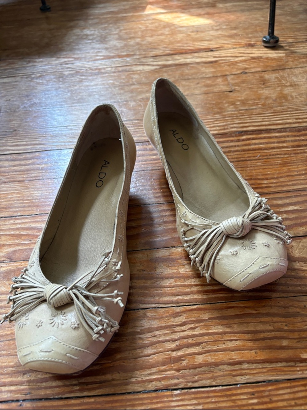 ALDO Cream Leather Tassel Kitten Heels